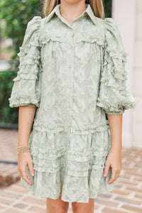 Girls: Just Keep It Up Green Textured Ruffled Dress