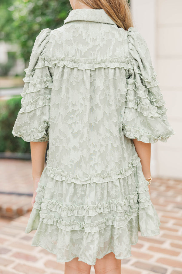 Girls: Just Keep It Up Green Textured Ruffled Dress