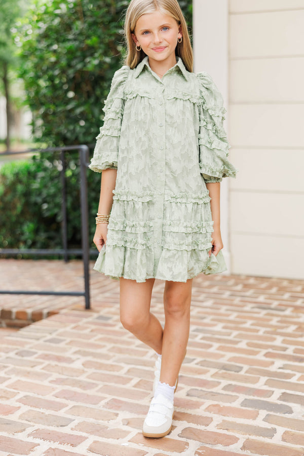 Girls: Just Keep It Up Green Textured Ruffled Dress
