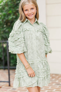Girls: Just Keep It Up Green Textured Ruffled Dress