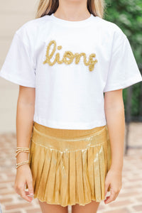 Girls: Here To Win White & Gold Lions Script Tee