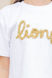 Girls: Here To Win White & Gold Lions Script Tee