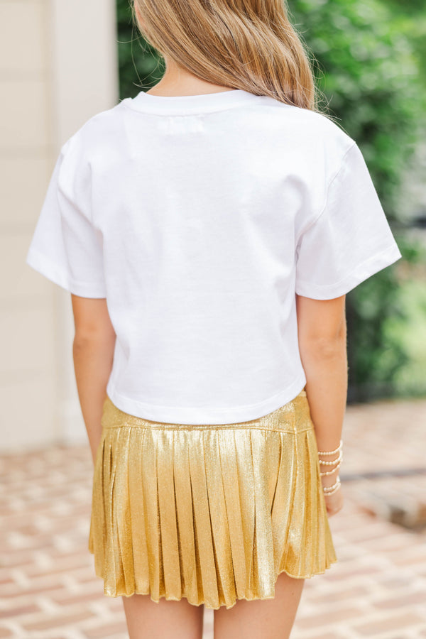 Girls: Here To Win White & Gold Lions Script Tee