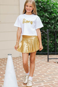Girls: Here To Win White & Gold Lions Script Tee