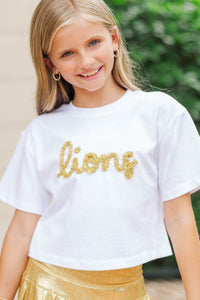 Girls: Here To Win White & Gold Lions Script Tee