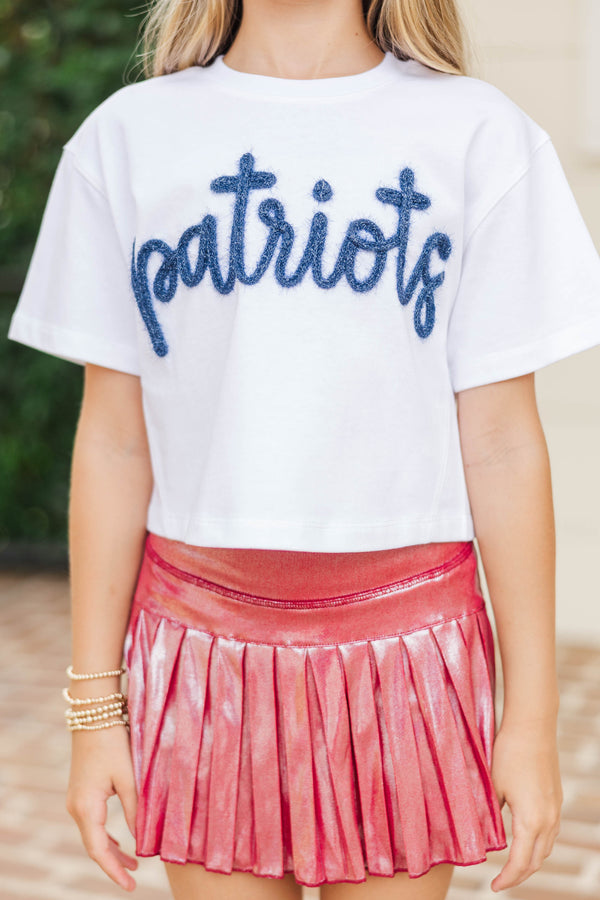 Girls: Here To Win White & Navy Patriots Script Tee