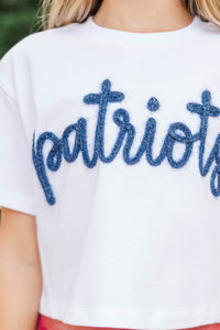 Girls: Here To Win White & Navy Patriots Script Tee