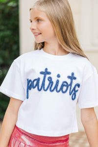 Girls: Here To Win White & Navy Patriots Script Tee