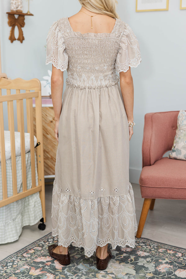 NURSING COLLECTION: Worth Noting Brown Embroidered Midi Dress