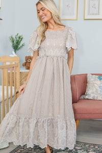 NURSING COLLECTION: Worth Noting Brown Embroidered Midi Dress