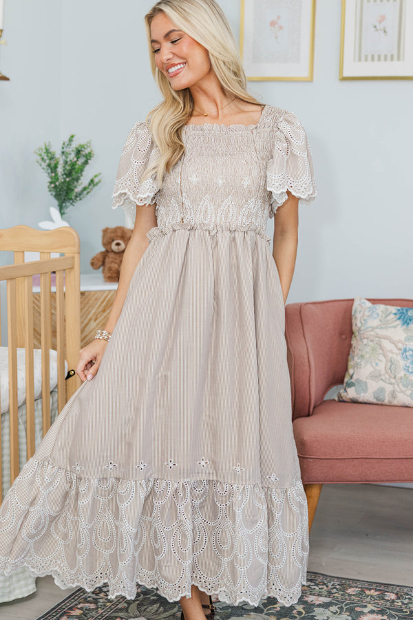 NURSING COLLECTION: Worth Noting Brown Embroidered Midi Dress