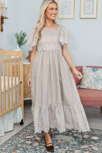 NURSING COLLECTION: Worth Noting Brown Embroidered Midi Dress
