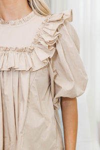 NURSING COLLECTION: Say Less Taupe Ruffled Blouse