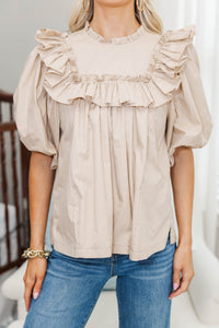 NURSING COLLECTION: Say Less Taupe Ruffled Blouse