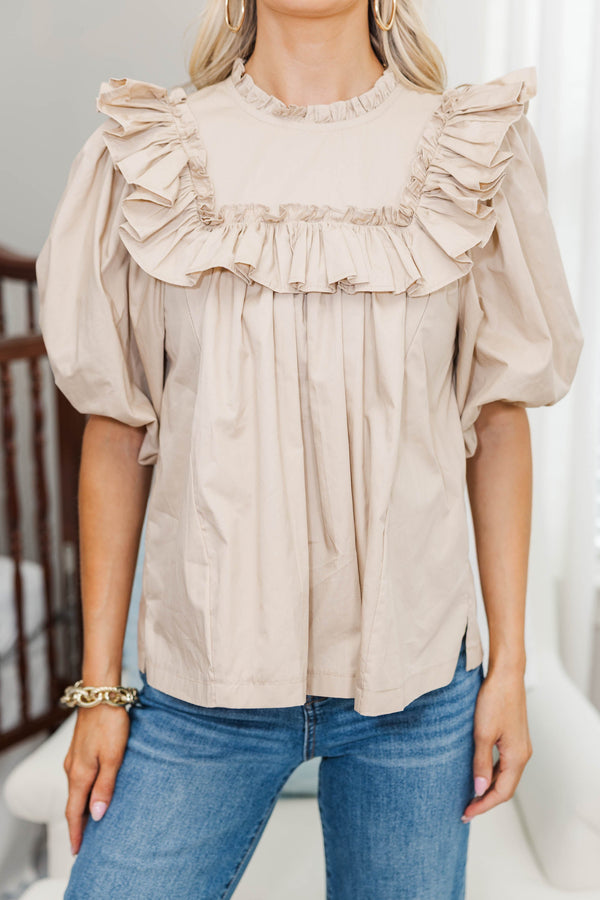 NURSING COLLECTION: Say Less Taupe Ruffled Blouse