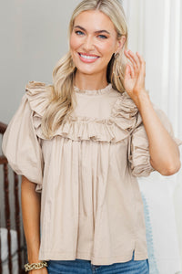NURSING COLLECTION: Say Less Taupe Ruffled Blouse