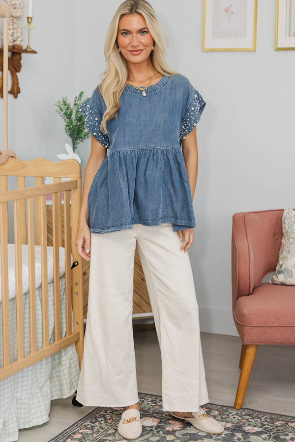 NURSING COLLECTION: Be Bold Denim Blue Embellished Blouse