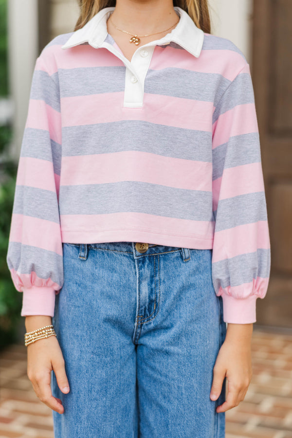 Girls: The Proper Pink & Gray Rugby Striped Polo