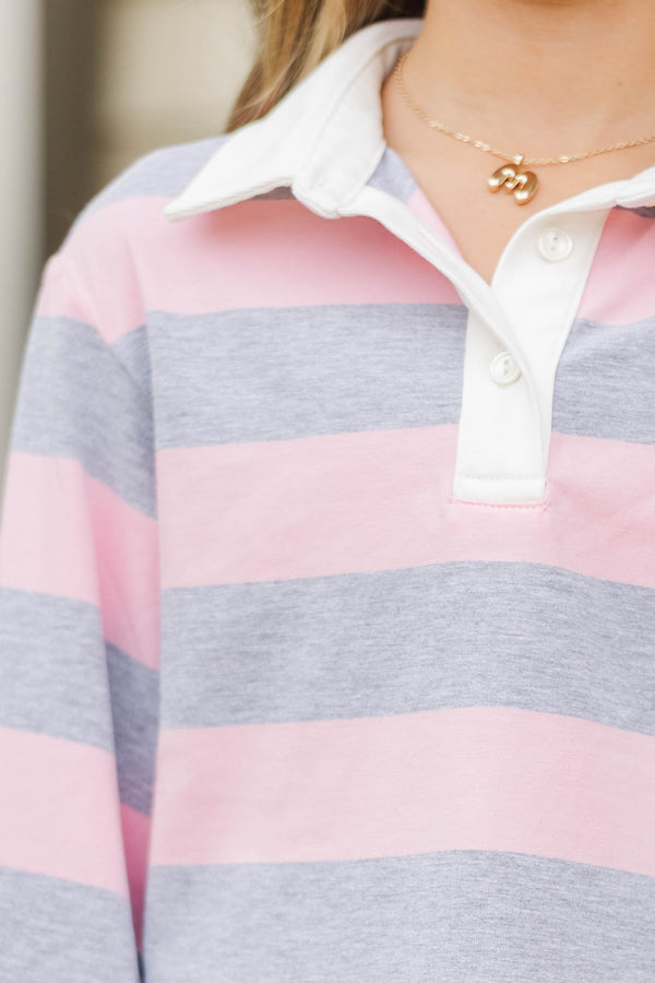 Girls: The Proper Pink & Gray Rugby Striped Polo