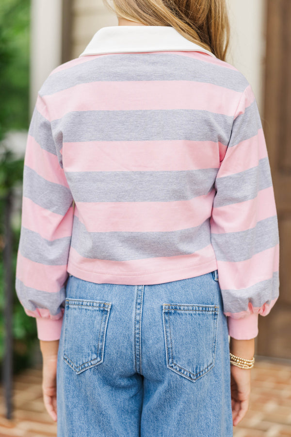 Girls: The Proper Pink & Gray Rugby Striped Polo