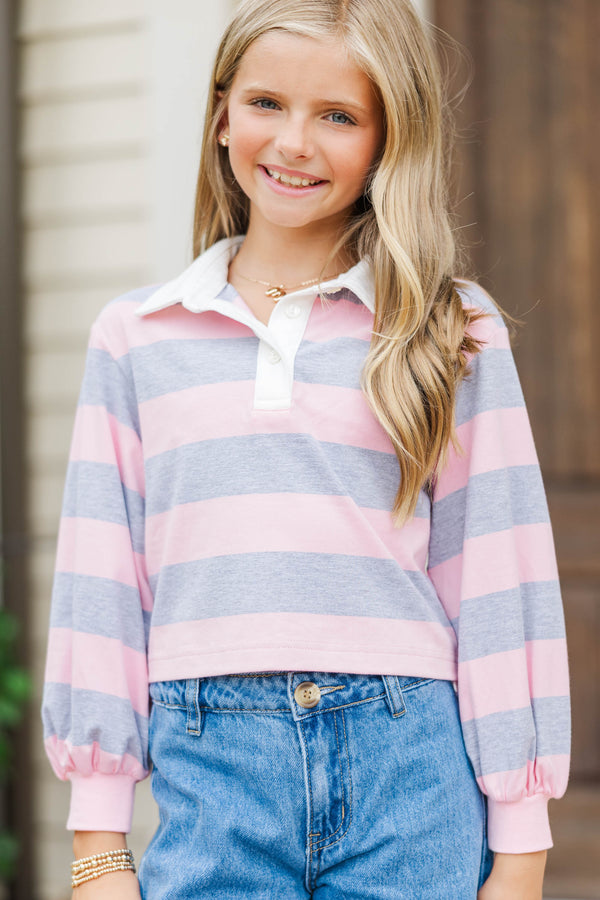 Girls: The Proper Pink & Gray Rugby Striped Polo