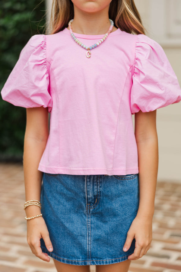 Girls: The Charlie Pink Puff Sleeve Blouse