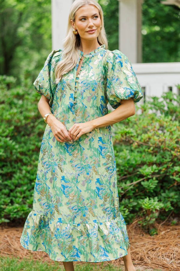 See The Light Green Brocade Midi Dress
