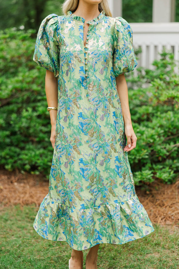 See The Light Green Brocade Midi Dress