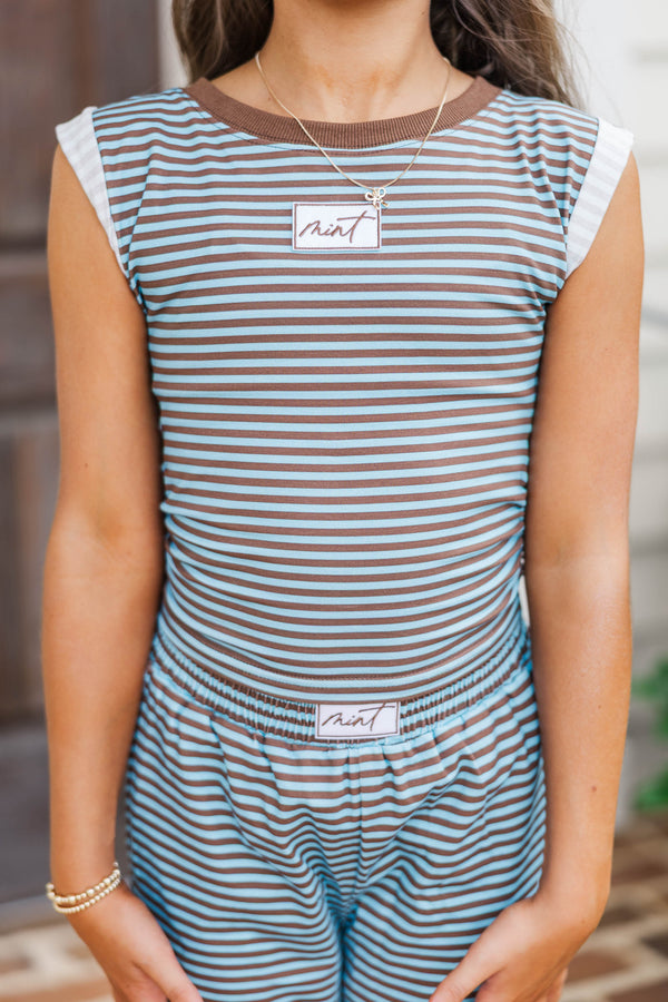 Girls: Fun Starts Now Brown Blue Striped Crossover Top