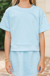 Girls: Sweet Moves Blue Pearl Embellished Sweatshirt