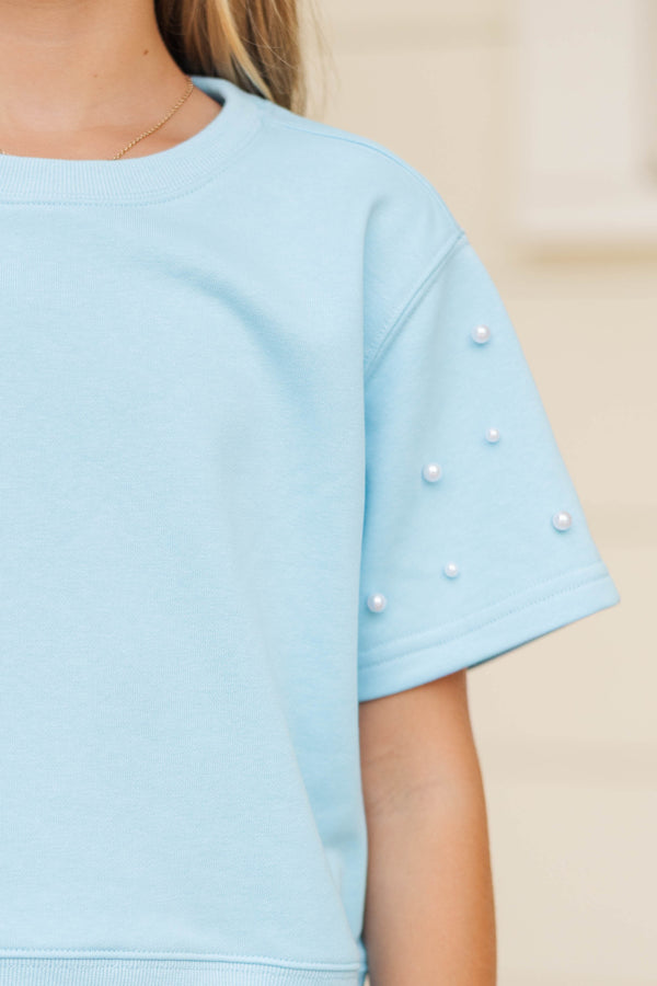 Girls: Sweet Moves Blue Pearl Embellished Sweatshirt
