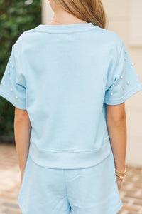Girls: Sweet Moves Blue Pearl Embellished Sweatshirt
