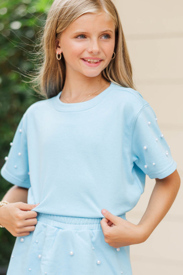 Girls: Sweet Moves Blue Pearl Embellished Sweatshirt