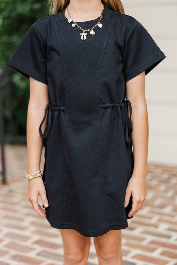 Girls: Soft & Simple Black Tie Waist Shirt Dress