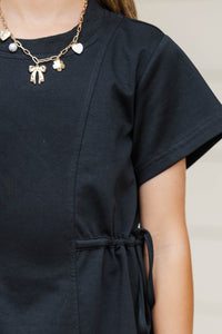Girls: Soft & Simple Black Tie Waist Shirt Dress