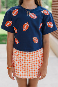 Girls: First Down Fun Orange Sequin Football Navy Blue Top