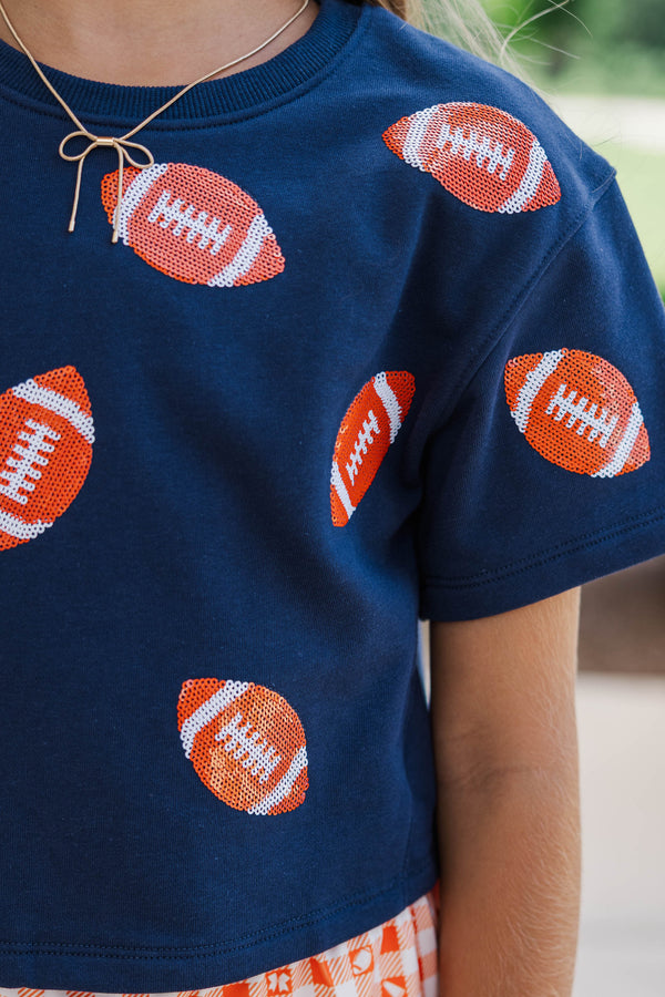 Girls: First Down Fun Orange Sequin Football Navy Blue Top