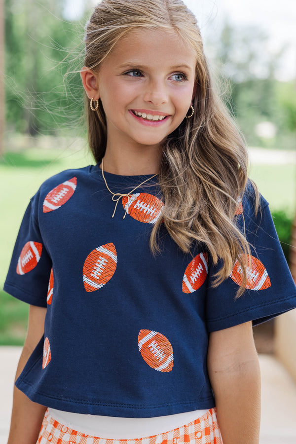 Girls: First Down Fun Orange Sequin Football Navy Blue Top