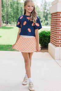 Girls: First Down Fun Orange Sequin Football Navy Blue Top