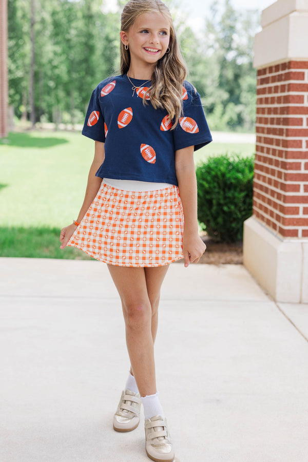 Girls: First Down Fun Orange Sequin Football Navy Blue Top