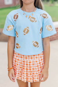 Girls: First Down Fun Gold Sequin Football Light Blue Top