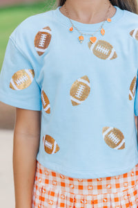 Girls: First Down Fun Gold Sequin Football Light Blue Top