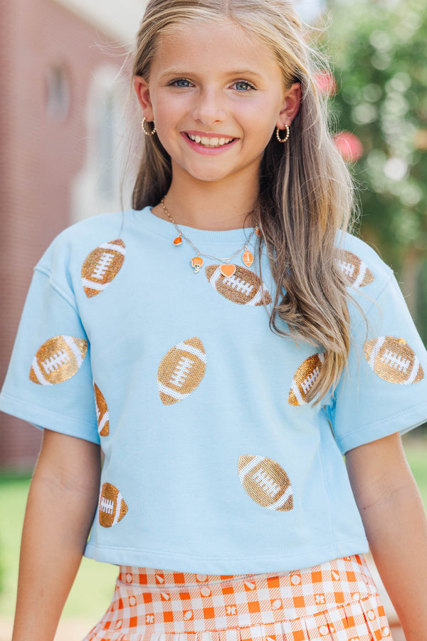 Girls: First Down Fun Gold Sequin Football Light Blue Top