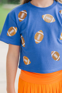 Girls: First Down Fun Gold Sequin Football Royal Blue Top