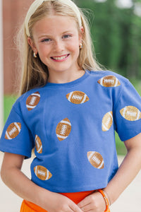 Girls: First Down Fun Gold Sequin Football Royal Blue Top