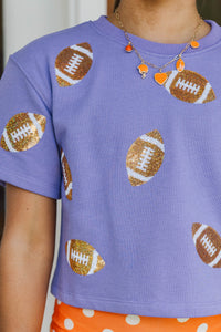 Girls: First Down Fun Gold Sequin Football Purple Top