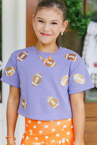 Girls: First Down Fun Gold Sequin Football Purple Top