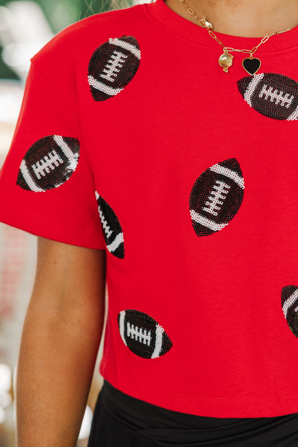 Girls: First Down Fun Black Sequin Football Red Top