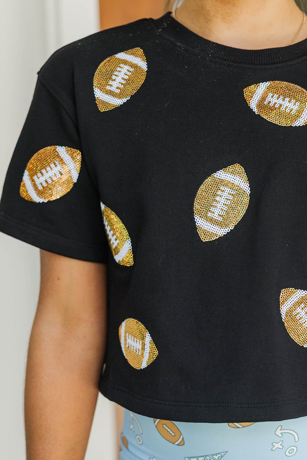 Girls: First Down Fun Gold Sequin Football Black Top