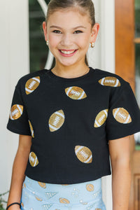 Girls: First Down Fun Gold Sequin Football Black Top